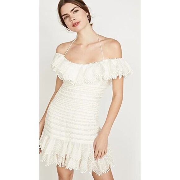 ZIMMERMANN  Off shoulder Ruffled Pleated Linen Silk-blend mini AU2 US10 - Picture 1 of 14